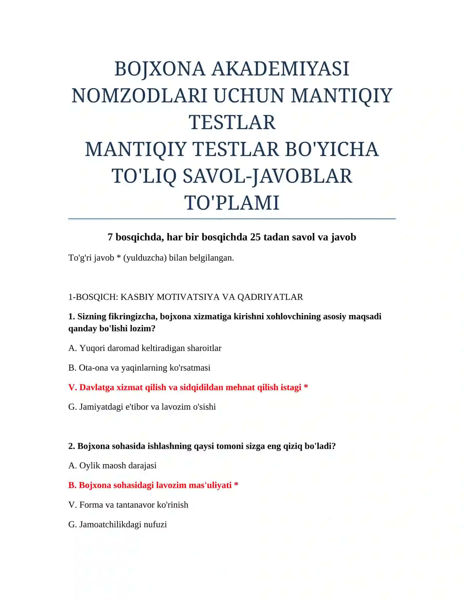 MANTIQIY TESTLAR BO'YICHA TO'LIQ SAVOL-JAVOBLAR TO'PLAMI 2