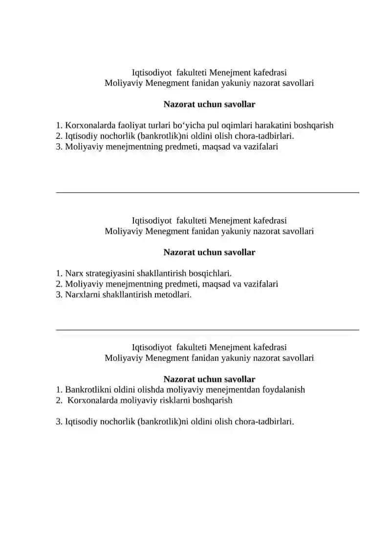 Moliyaviy Menegment fanidan yakuniy nazorat savollari 2