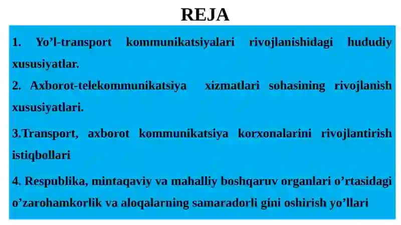 Ishlab chiqarish va axborot kommunikatsiya infratuzilmasi rivojlanishining mintaqaviy xususiyatlari. O‘zbekistonning respublika, mintaqa va mahalliy boshqaruv organlari o‘rtasidagi vakolatlarni taqsimlash mexanizmi 2