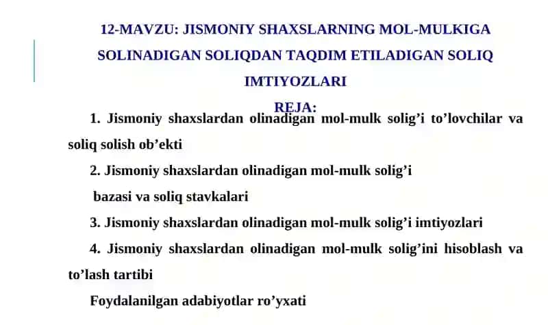 Jismoniy shaxslardan olinadigan mol-mulk solig’i to’lovchilar va soliq solish ob’ekti 2