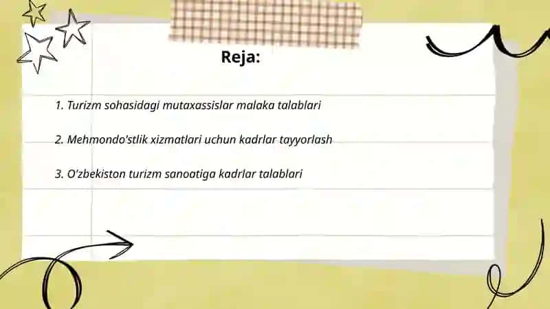 Turizm va Mehmondo'stlik Mutaxassis Kadrlariga Qo'yiladigan Talablar va Uning Huquqiy Me'yoriy Hujjatlarda Aks Etirish 2