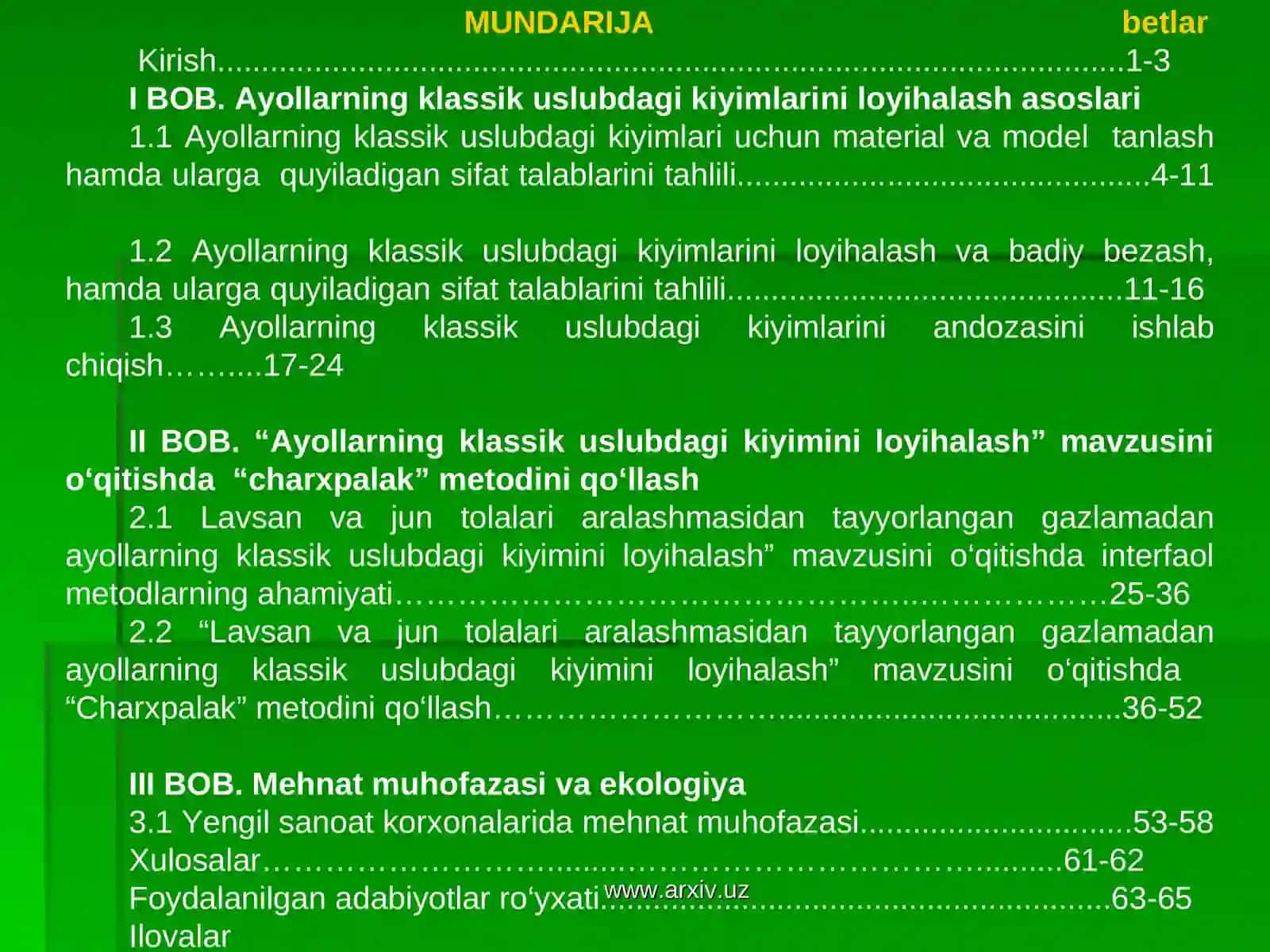 Lavsan va jun tolalari aralashmasidan tayyorlangan gazlamadan ayollarning klassik uslubdagi kiyimini loyihalash” 2