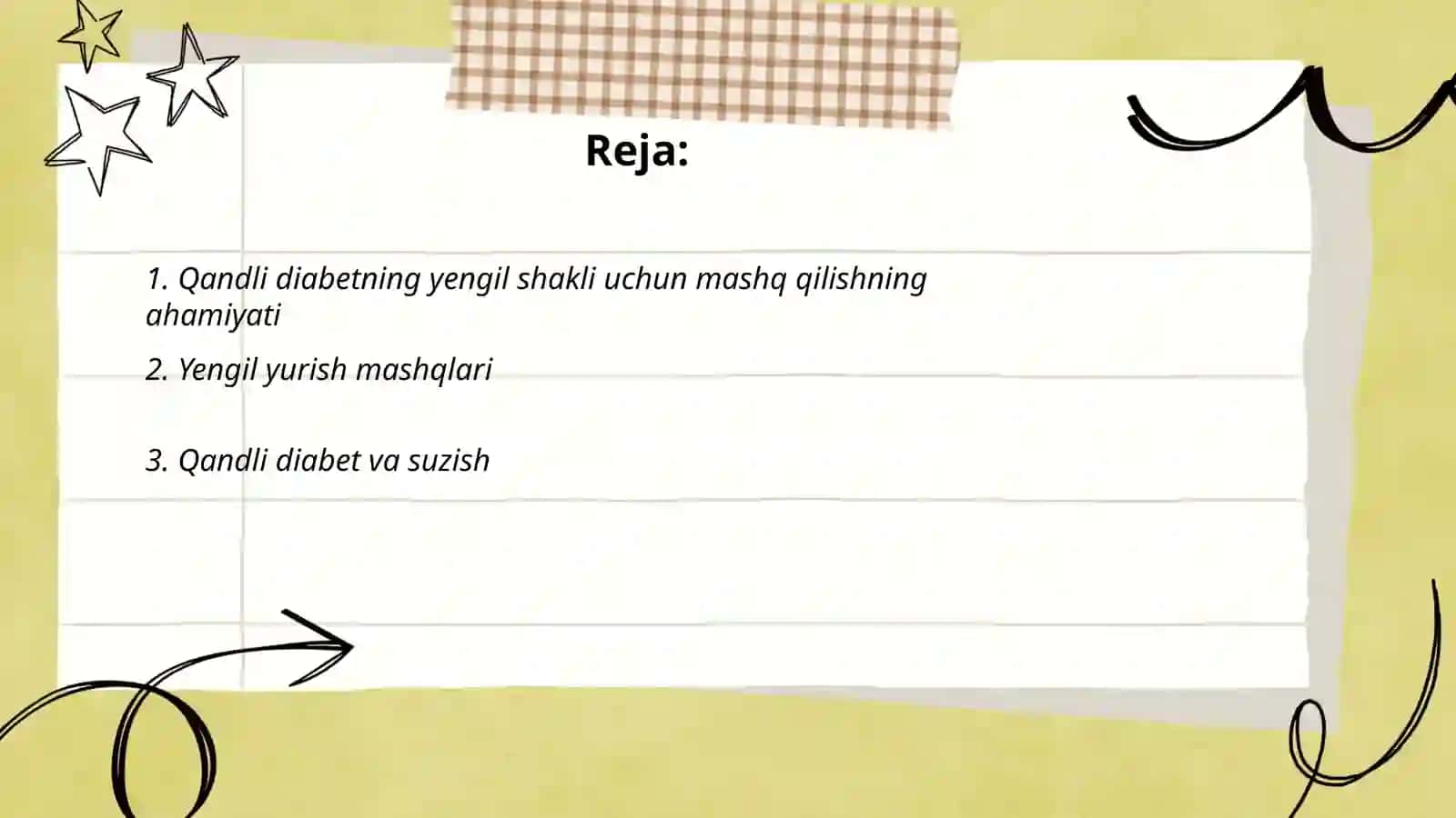 Qandli diabetning yengil shaklida taxminiy mashqlar majmuasi 2