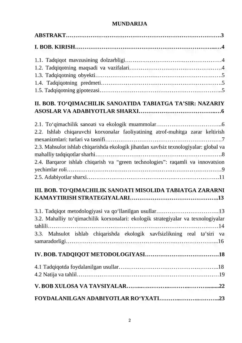 Ishlab chiqaruvchi korxonalarni mahsulotlari orqasidan tabiatga berayotgan zararlarini kamaytirish yoʻllari (Toʻqimachilik sanoati misolida) 2