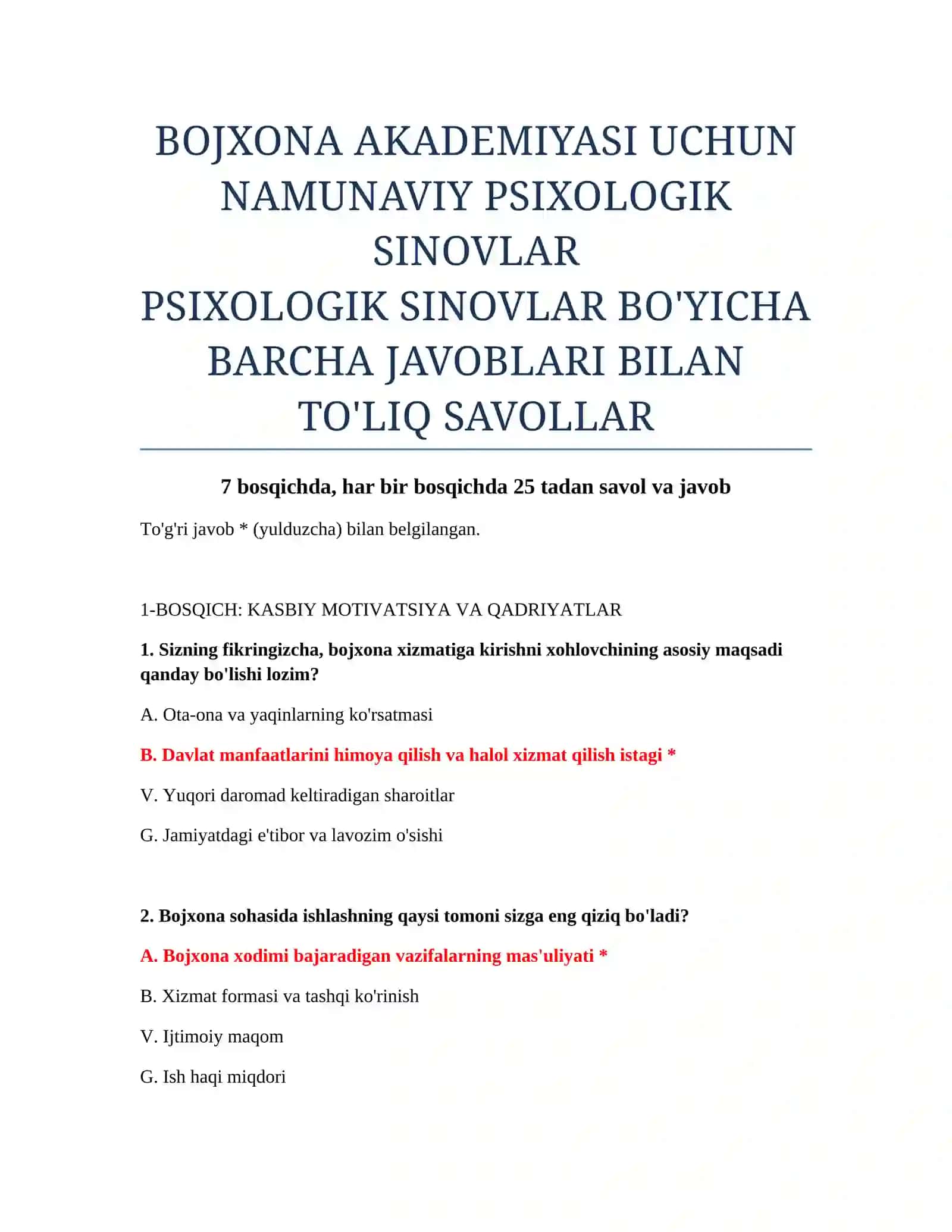 Bojxona Akade­miyasi Uchun Namunaviy Psixologik Sinovlar 2