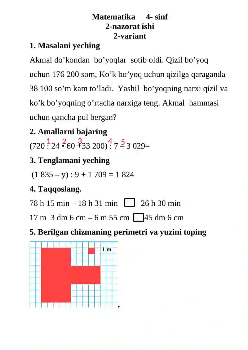 Matematika 4- sinf 2-nazorat ishi 2