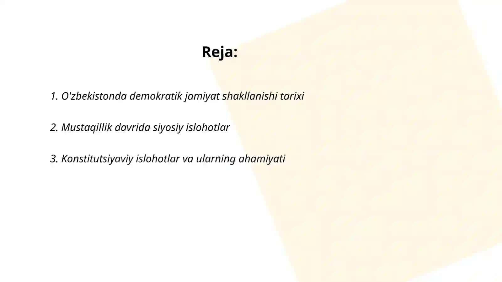 O'zbekistonda demokratik jamiyati asoslarining shakillanishi,amalga oshirilishi,siyosiy islohatlar 2