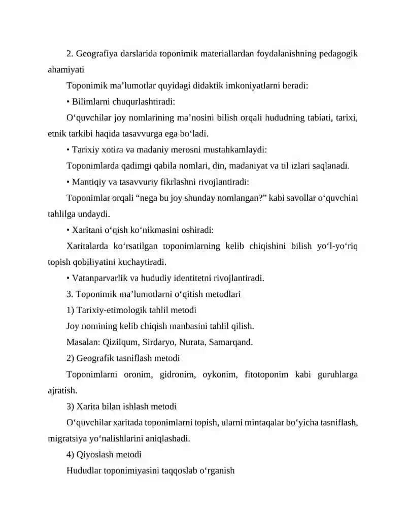 MA’RUZA: GEOGRAFIYA DARSLARIDA TOPONIMIK MA’LUMOTLARDAN FOYDALANISH METODIKASI 2