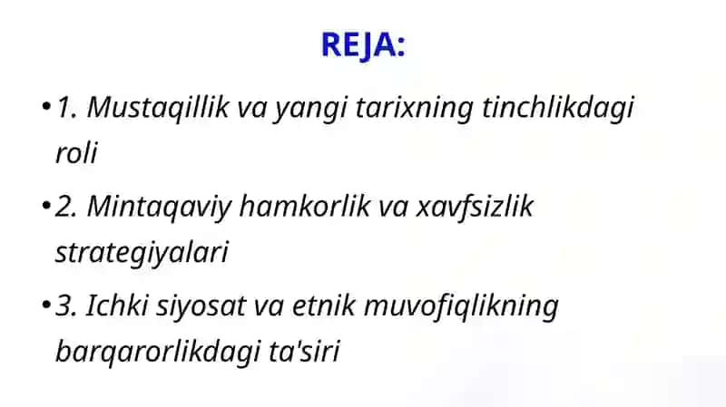 O'ZBEKISTONNING MARKAZIY OSIYODA TINCHLIK VA BARQARORLIKNI TA'MINASHDAGI O'RNI 2