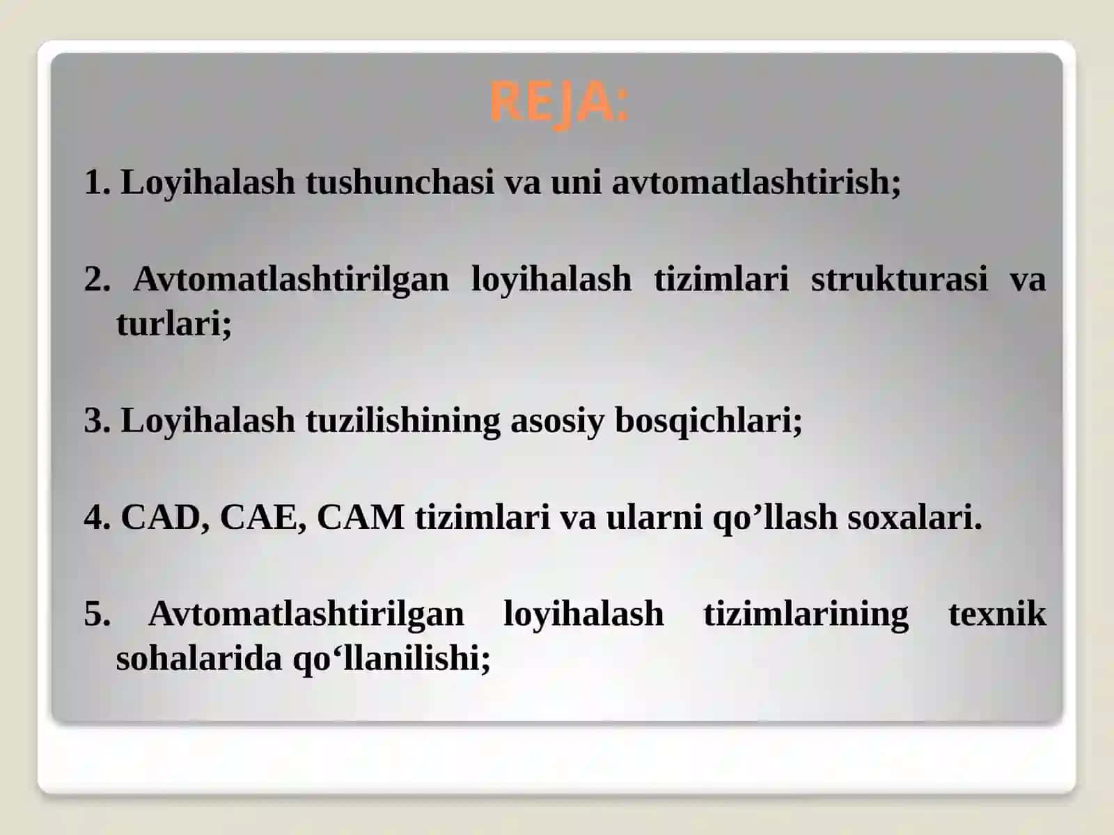 Avtomatlashtirilgan loyihalash tizimlari 2