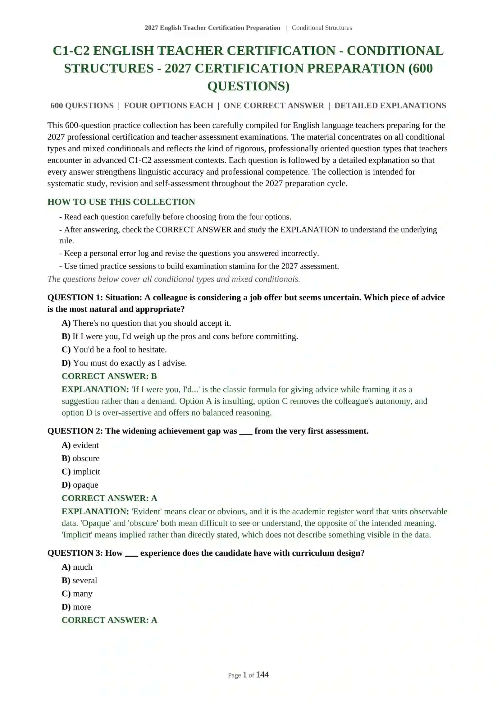 C1-C2 English Teacher Certification Preparation - Conditional Structures 2