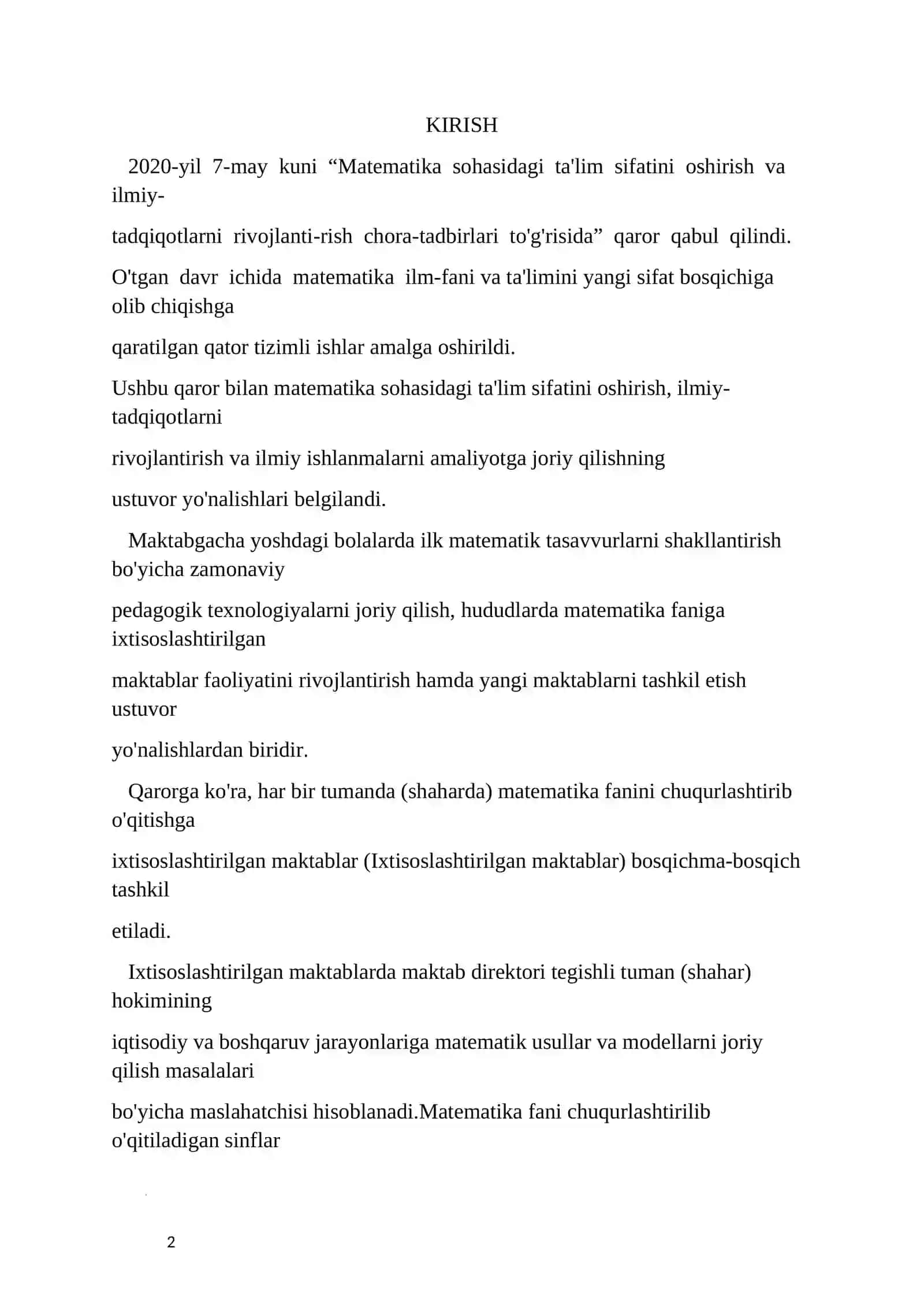 Matematika sohasidagi ta'lim sifatini oshirish va ilmiy-tadqiqotlarni rivojlantirish chora-tadbirlari 2