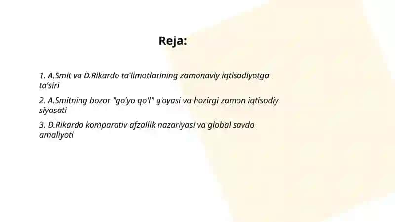 A.Smit va hozirgi zamon D.Rikardo ta'limotining ahamiyati 2