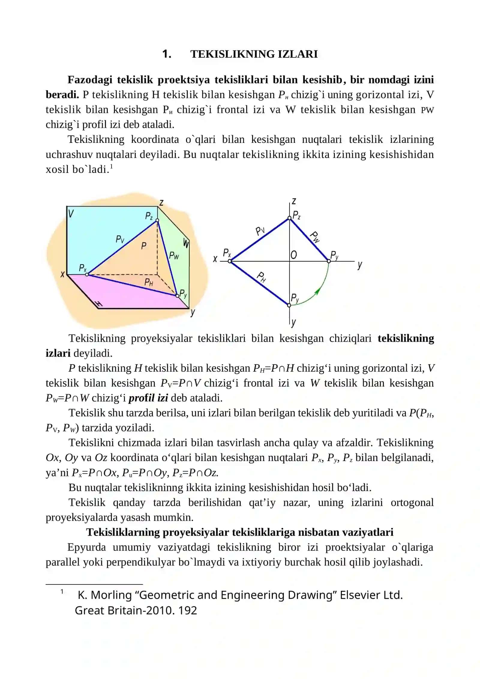 Tekislik. Tekislikni chizmada berilishi. Tekislik va uning ortogonal proeksiyalari. Umumiy va xususiy vaziyatdagi tekisliklar. Tekislikning izlarini yasash. To‘g‘ri chiziq va tekislikning o‘zaro vaziyatlari. Tekislikka tegishli to‘g‘ri chiziq va nuqta. Tekislikning bosh chiziqlari 2