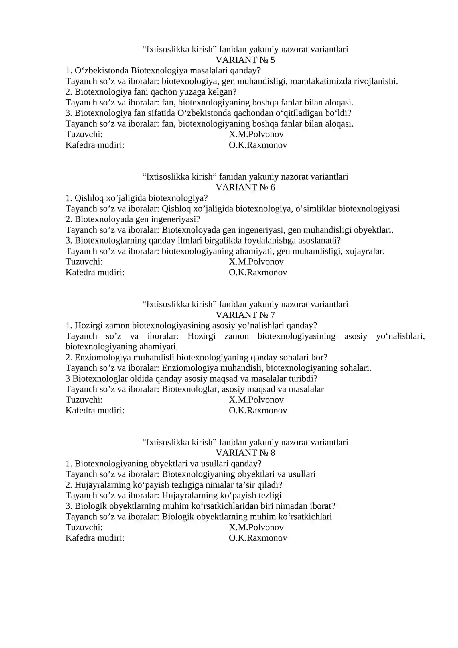 Ixtisoslikka kirish fanidan yakuniy nazorat variantlari 2