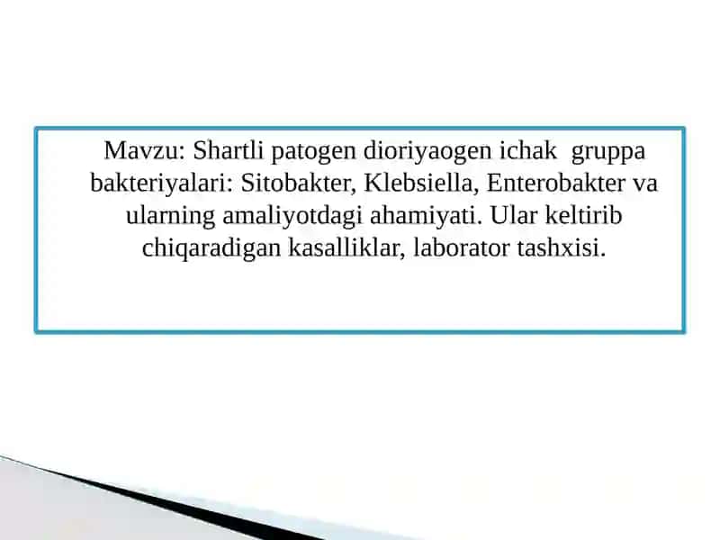 Shartli patogen dioriyaogen ichak gruppa bakteriyalari: Sitobakter, Klebsiella, Enterobakter 2