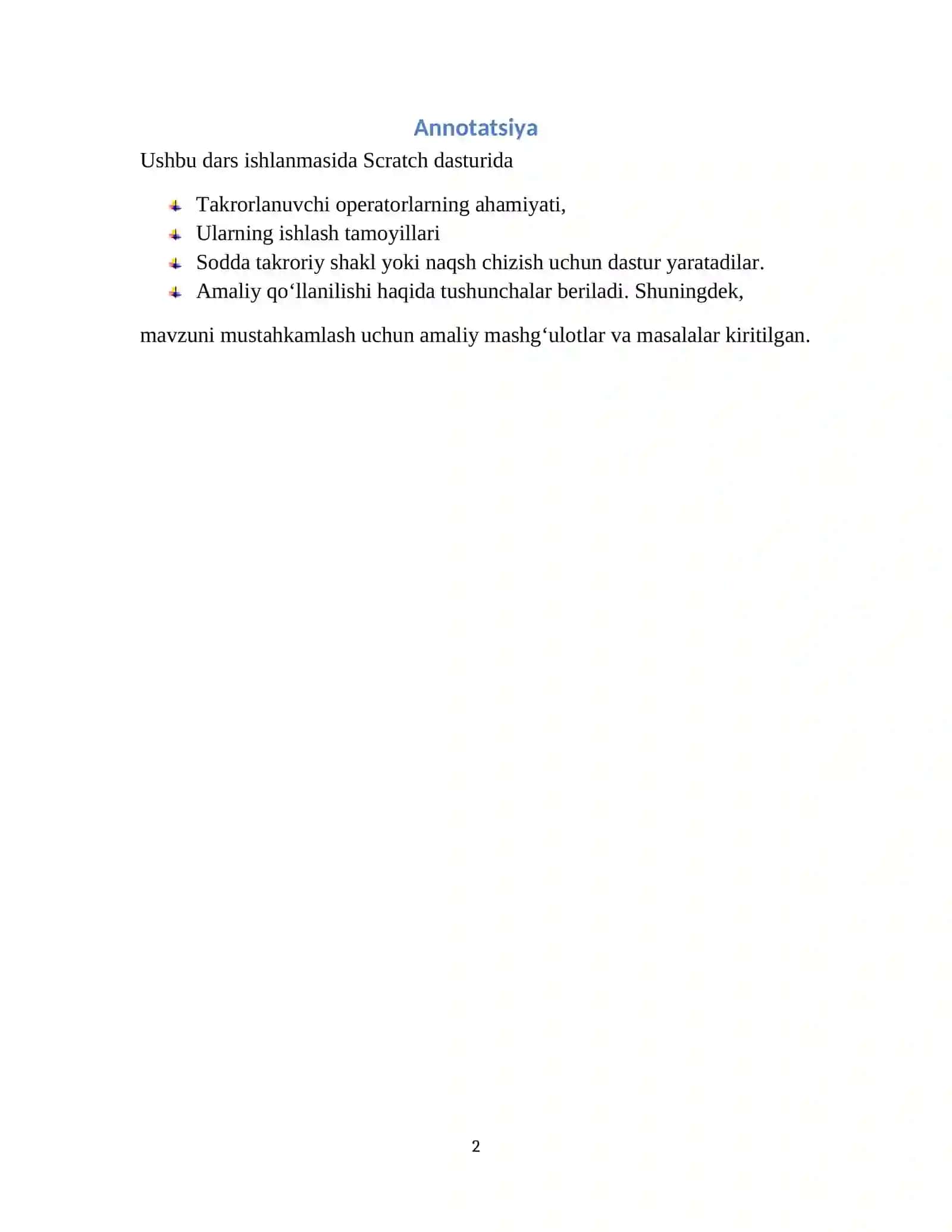 Scratch dasturida takrorlanuvchi operatorlar va unga doir masalalar ishlash metodikasi 2
