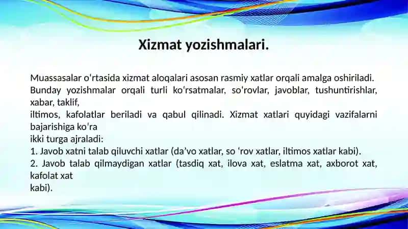 Xizmat yozishmalari bilan ishlash texnologiyasi 2