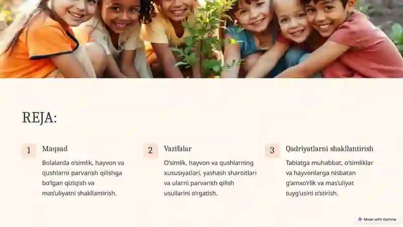 Bolalarini o‘simliklar, hayvonlar va qushlarni parvarish qilishga o‘rgatish texnologiyasi 2