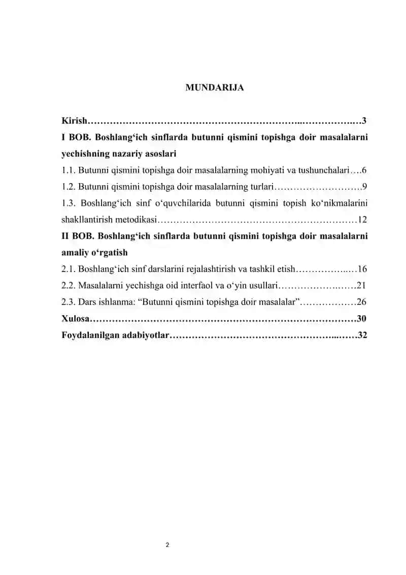 O‘quvchilarni boshlang‘ich sinflarda butunni qismini topishga doir masalalar yechishga o‘rgatish kurs ishi 2