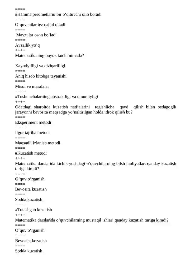 Matematika va uni o‘qitish metodikasi fanidan o‘quv dasturi bo‘yicha test savollari 2
