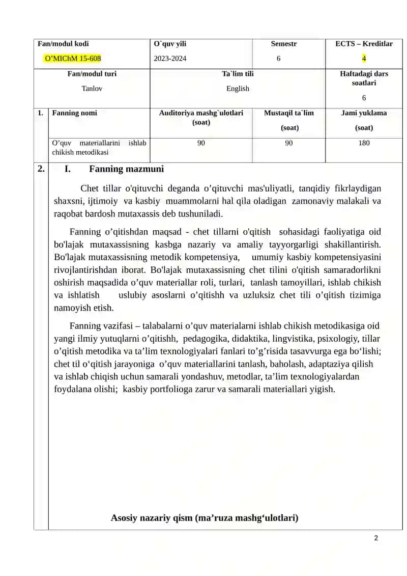 O’QUV MATERIALLARINI ISHLAB CHIKISH METODIKASI 2