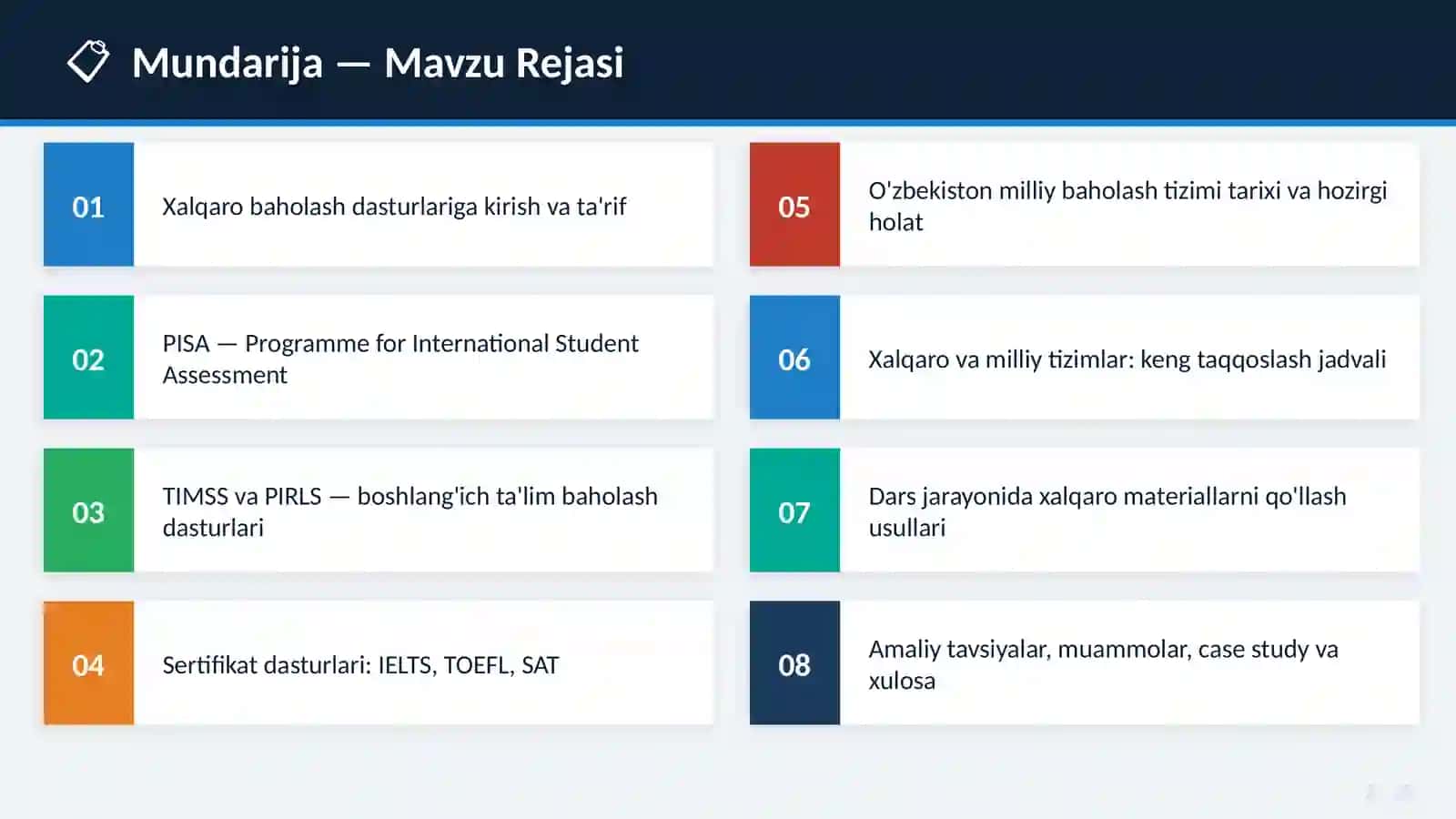Xalqaro Baholash Dasturlari va O'zbekiston Milliy Baholash Tizimi Taqqoslash va Dars Jarayonida Qo'llash Usullari 2