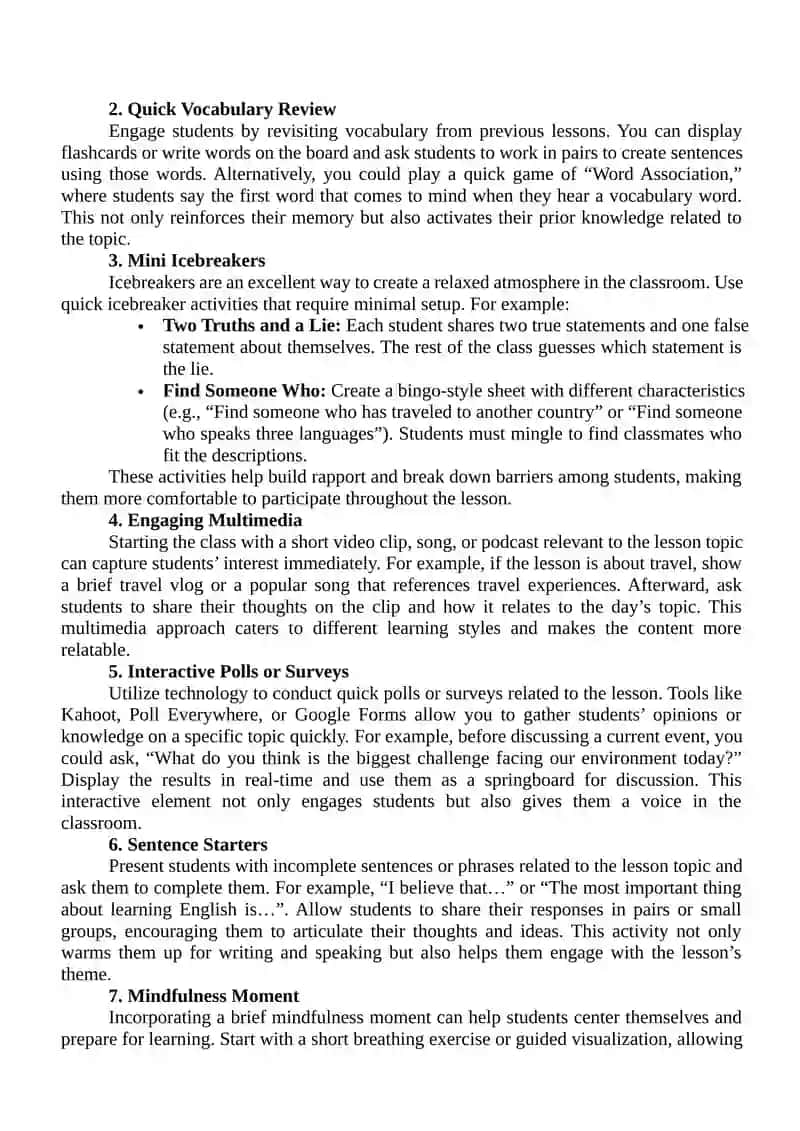 Engaging Learners in the First Five Minutes of Class: Ideas and Lesson Starters for TESOL Teachers 2