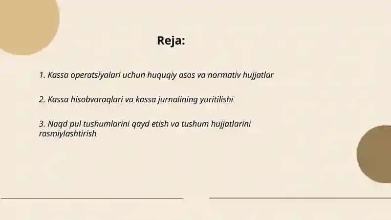 Kassa aperatsiyalari bo'yicha hisob xujjatlarini yurutish va kassa hisobotlarini shakllantirish 2
