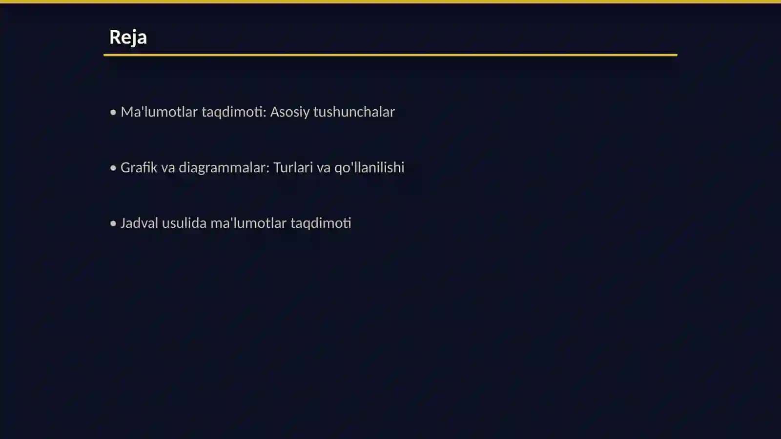 Ma'lumotlar va tahlil natijalarini garfik, jadval, diagramma usulida taqdim etish 2