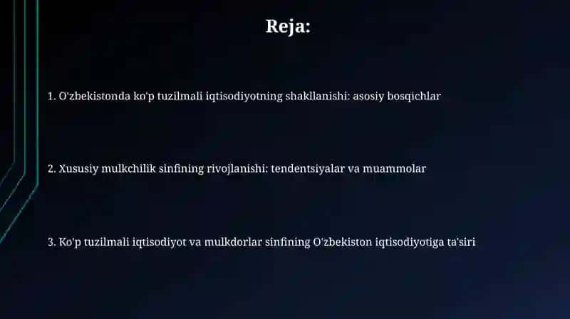 O'zbekistonda kóp ukladli iqtisodiyotning va mulkdorlar sinifini shakilanishi 2