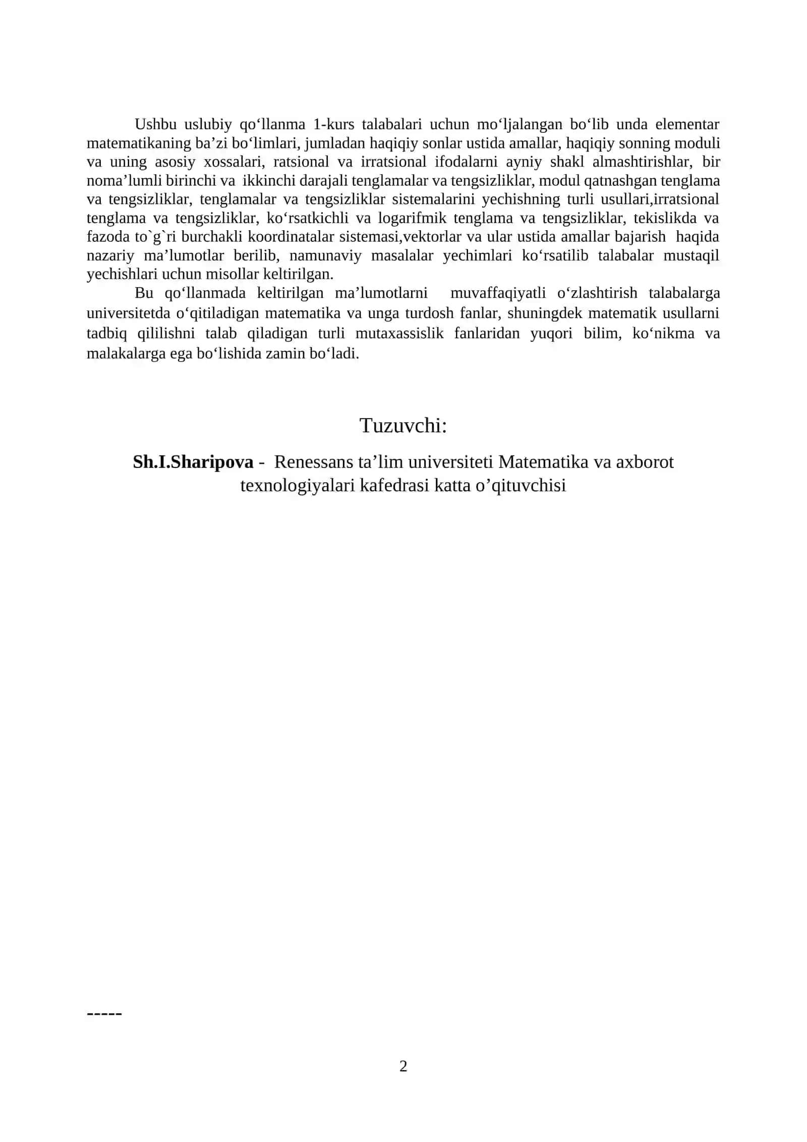 ELEMENTAR MATEMATIKANING ASOSIY TUSHUNCHALARI (1-kurs talabalari uchun uslubiy qoʻllanma) 2
