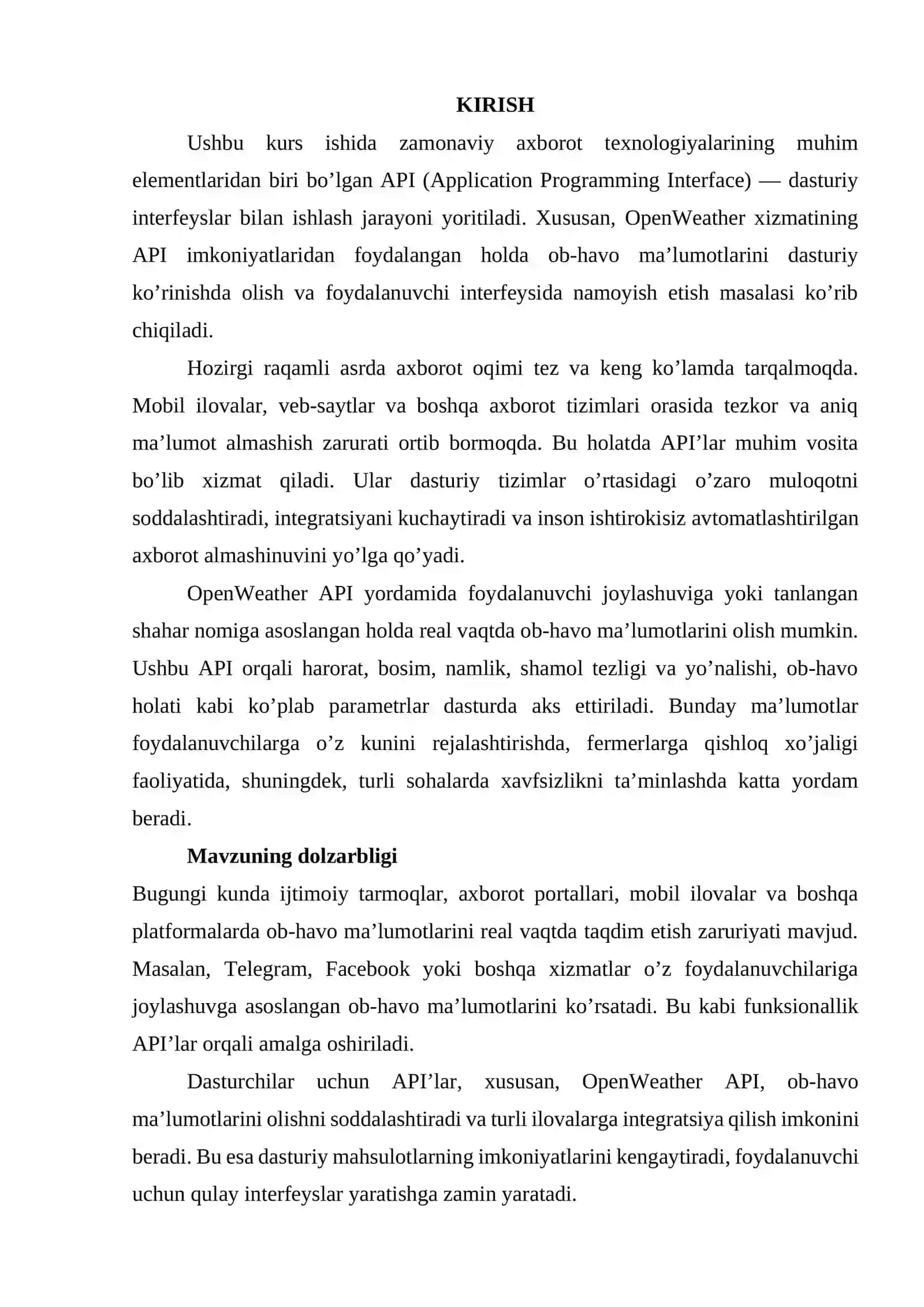 API yordamida ob-havo haqidagi ma’lumotlarni olish uchun ilova  dasturi ishlab chiqish va ulardan axborot tizimlarida foytdalanish 2