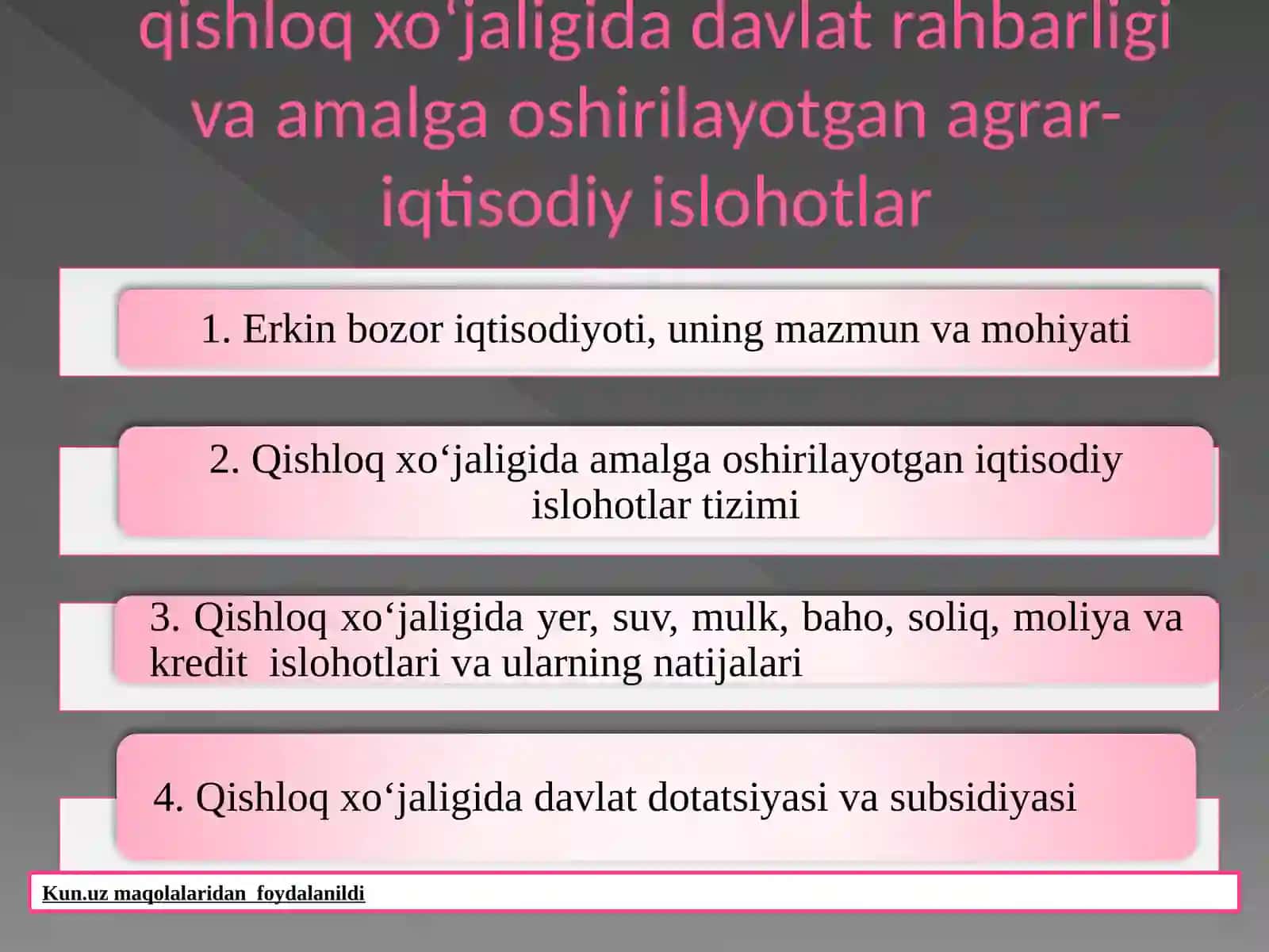 Bozor iqtisodiyoti sharoitida qishloq xo‘jaligida davlat rahbarligi va amalga oshirilayotgan agrar-iqtisodiy islohotlar 2