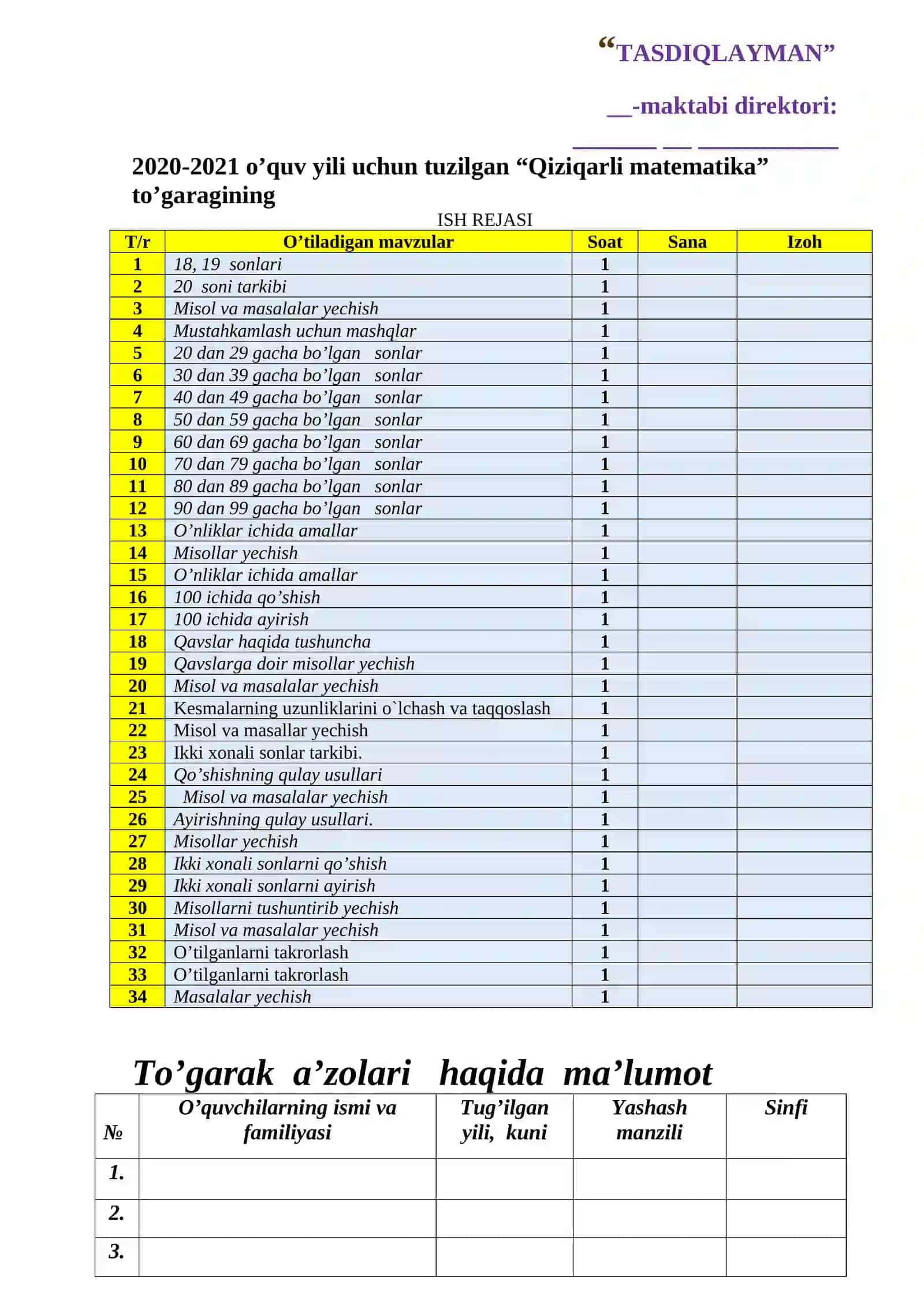 Qiziqarli matematika ish rejasi 2