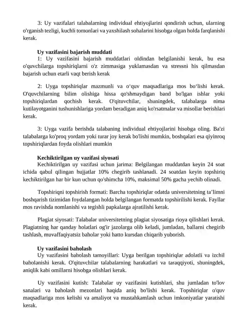 Uy Vazifalari Uni Tashkil Qilishga QoʻYilgan Talablar 2