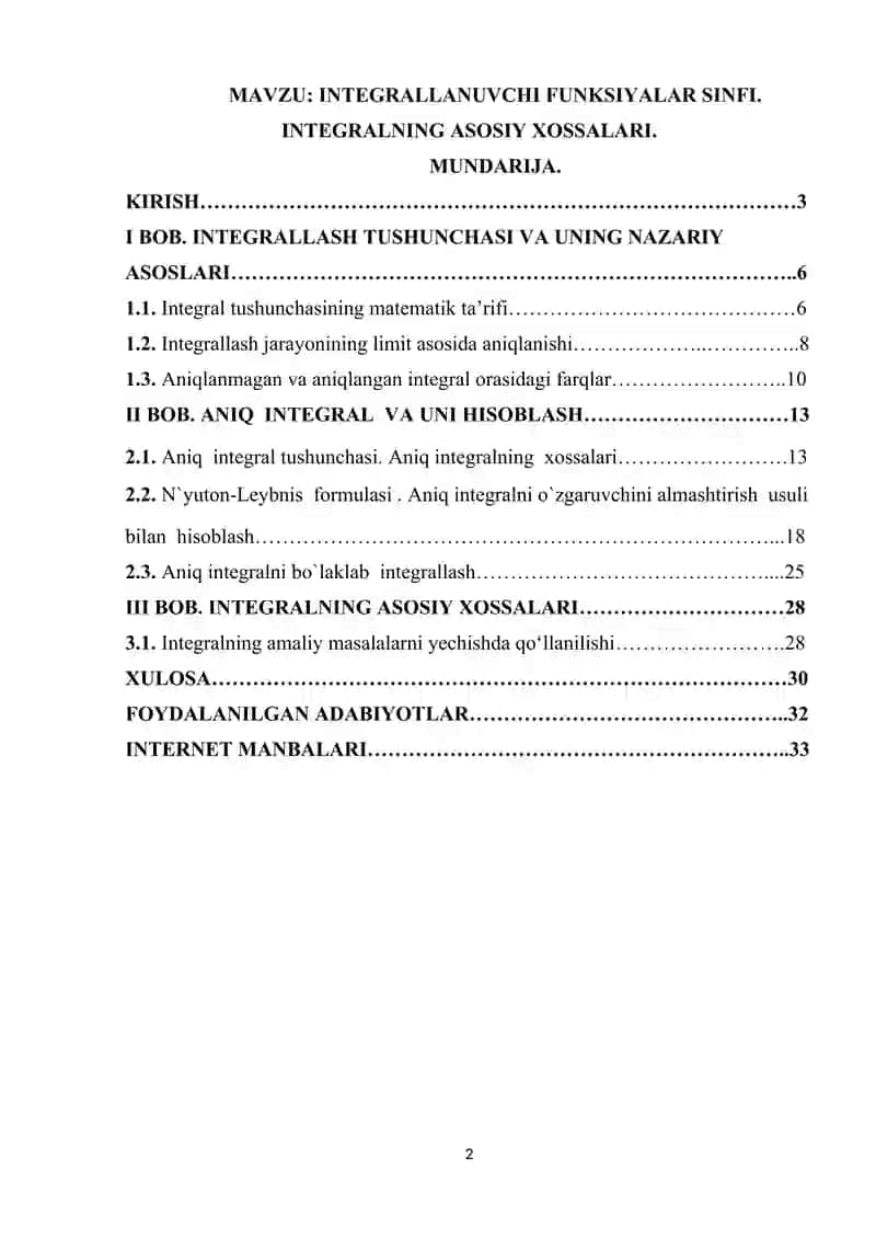 INTEGRALLANUVCHI FUNKSIYALAR SINFI. INTEGRALNING ASOSIY XOSSALARI. 2