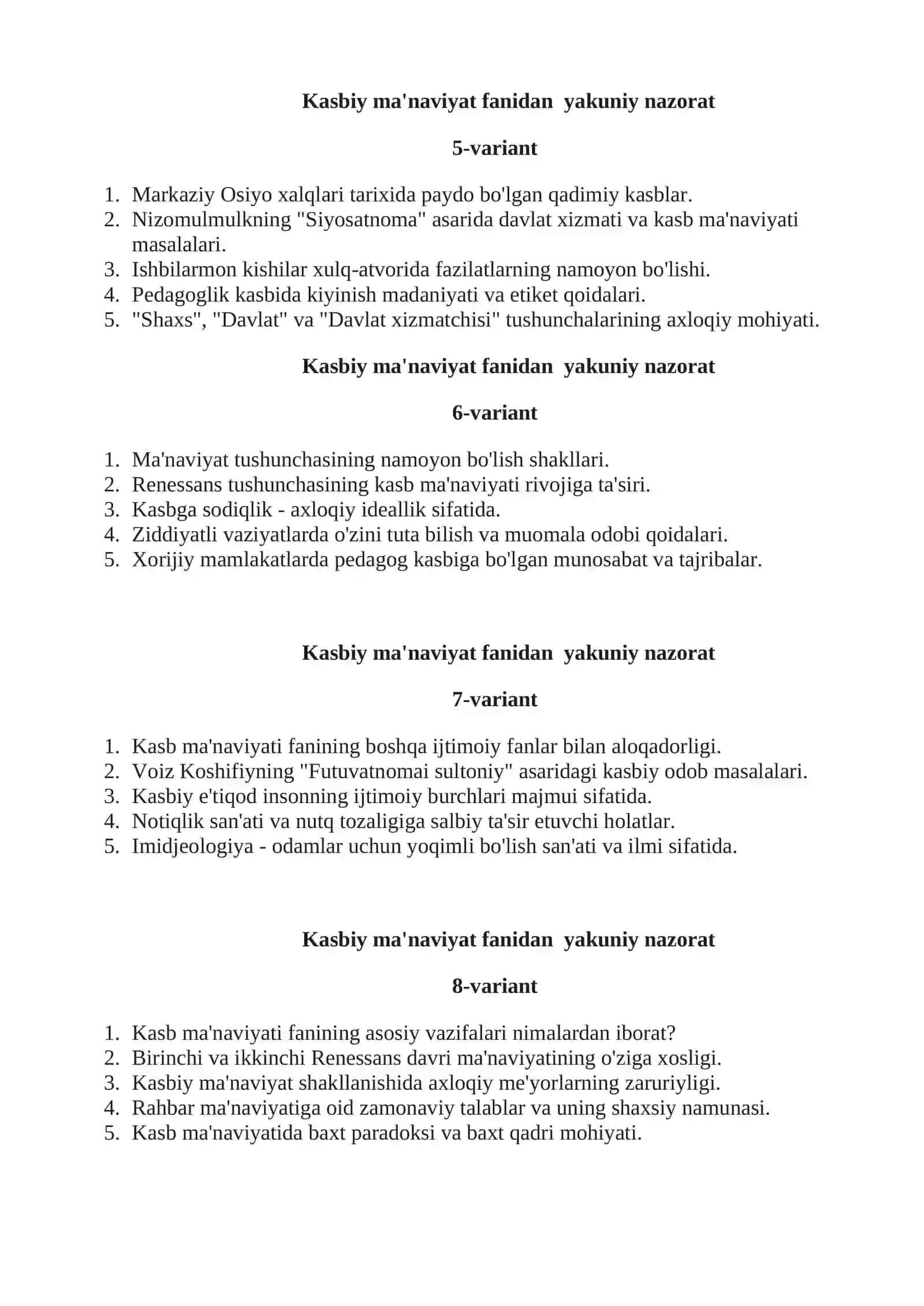 Kasbiy ma'naviyat fanidan yakuniy nazorat 2