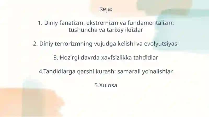 Diniy fanatizm, ekstremizm, fundamentalizm va terrorizmning tarixi va hozirgi davrda xavfsizlikga tahdidi. 2