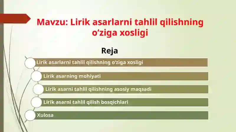 Taqdimot Mavzu: Lirik asarlarni tahlil qilishning oʻziga xosligi 2