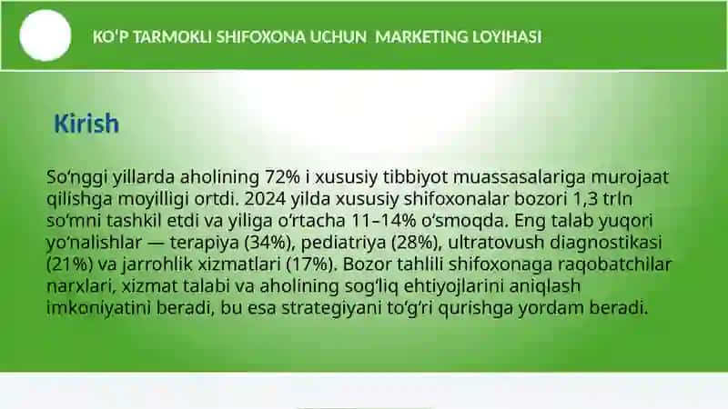KO‘P TARMOKLI SHIFOXONA UCHUN MARKETING LOYIHASI 2