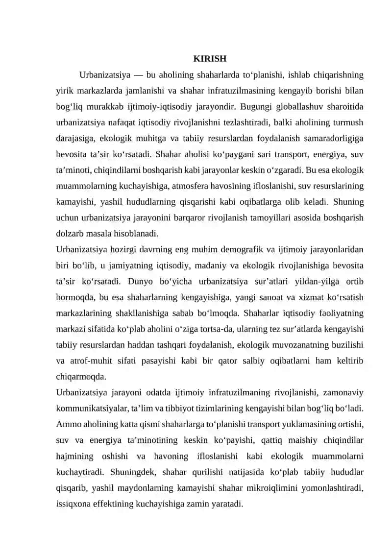 Urbanizatsiya jarayoni va ekologik muommolar. 2
