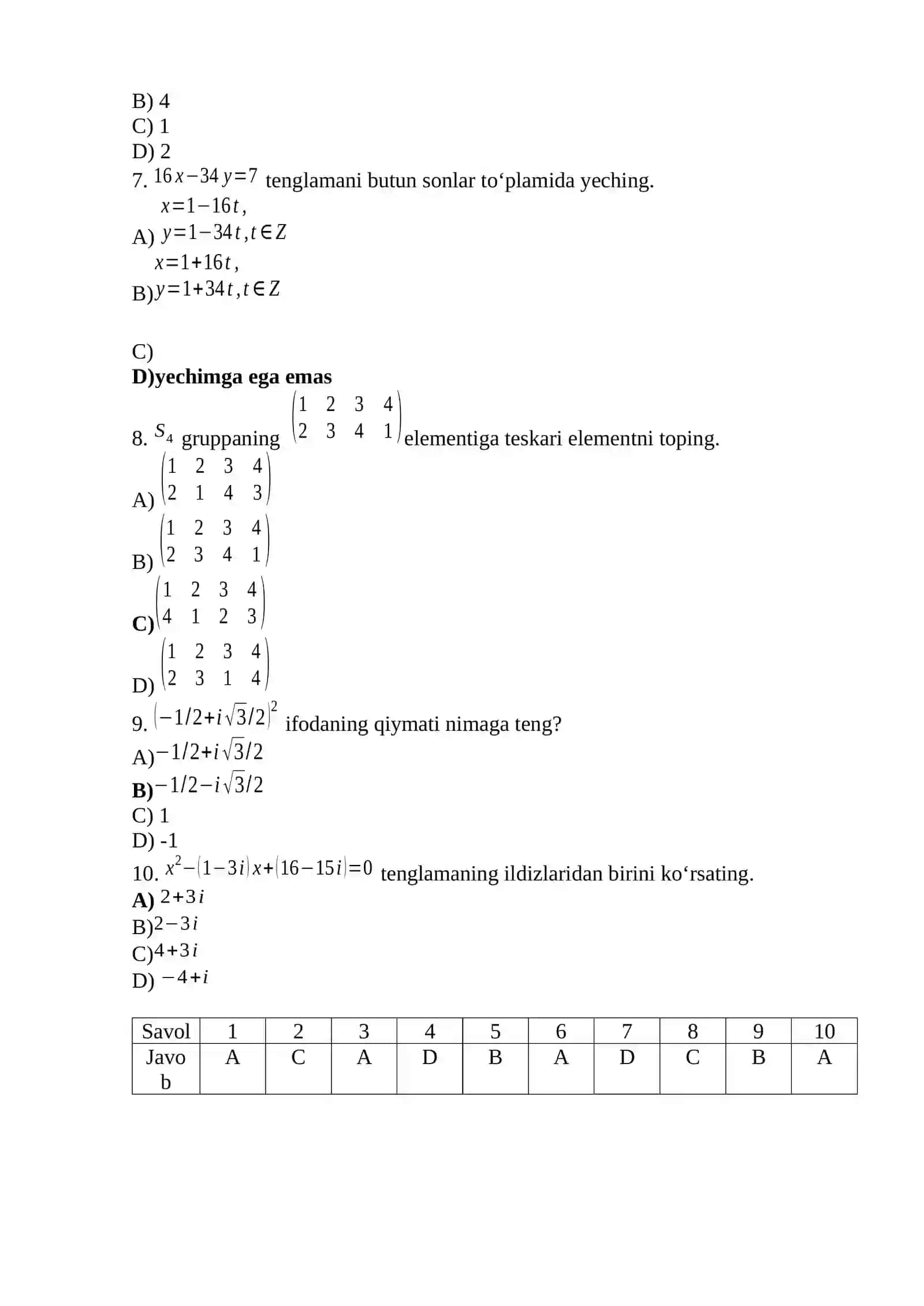 algebra va sonlar nazariyasi fanidan test 2