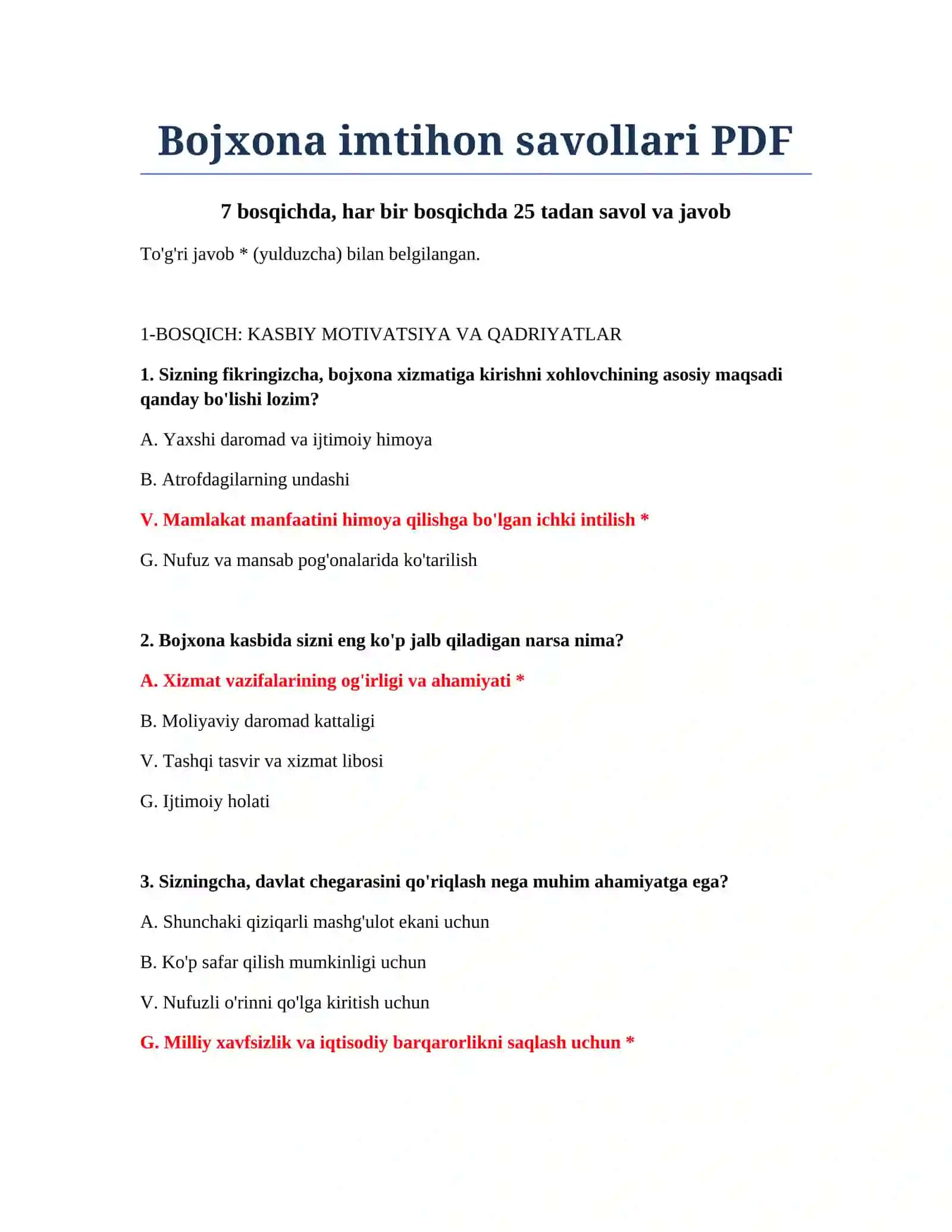 Bojxona imtihon savollari PDF 2