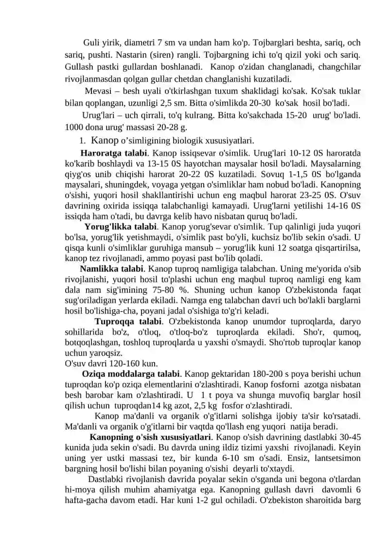 Lub tollali ekinlar: Kanop o’simligi biologiyasi va yetishtirish texnoologiyasi 2