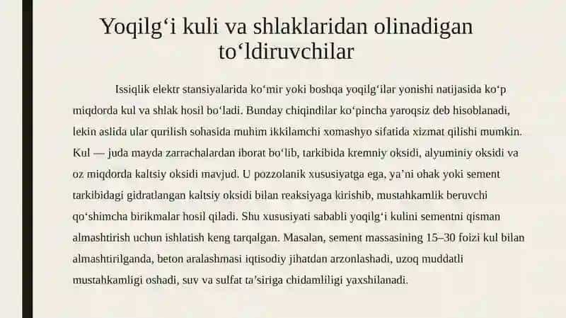 Yoqilg'i kuli va shlaklaridan olinadigan to'ldiruvchilar. Yog'och chiqindilari va mineral bog'lovchi asosida olinadigan qurilish materiallari 2