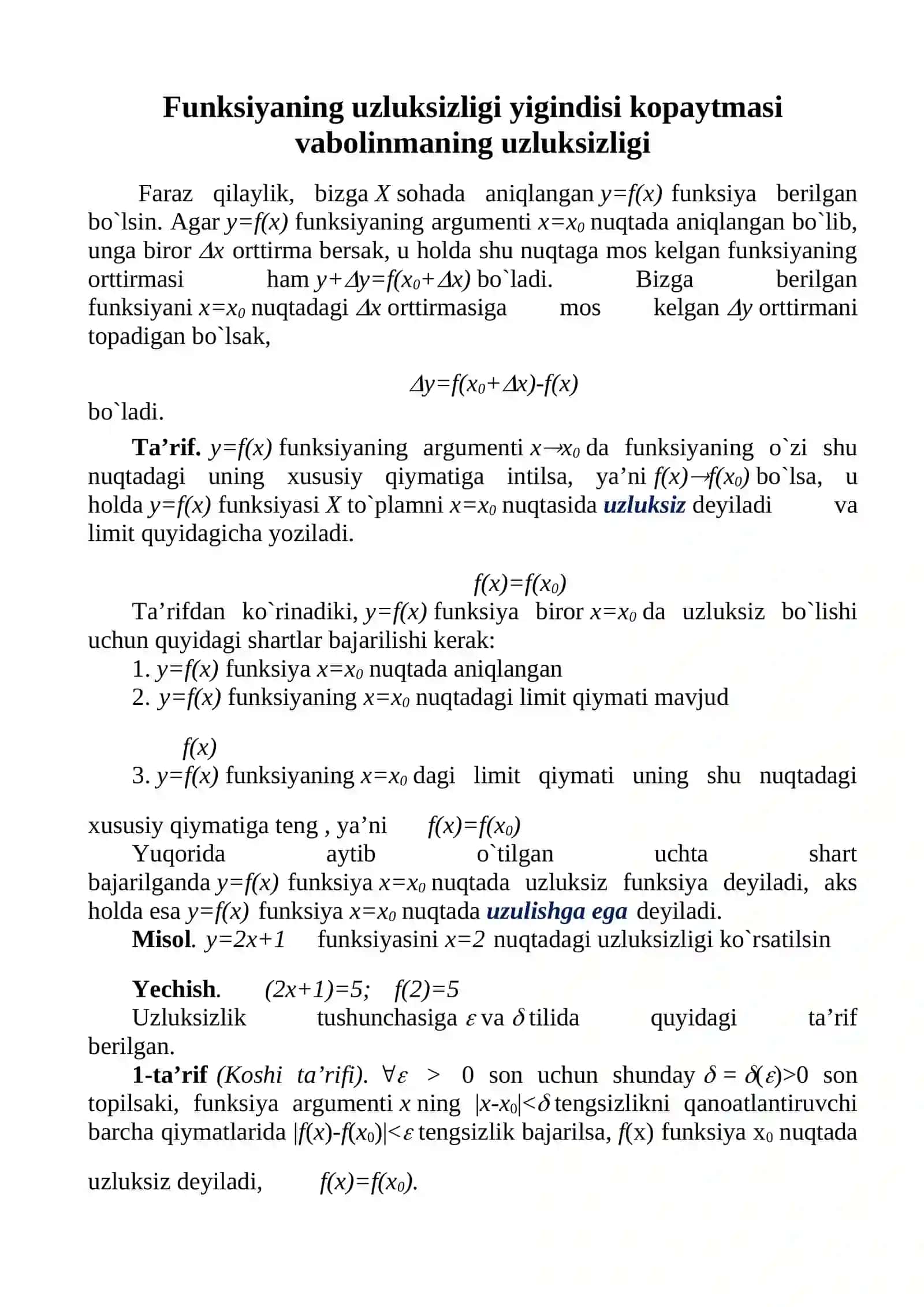 Funksiyaning uzluksizligi yigindisi kopaytmasi vabolinmaning uzluksizligi 2