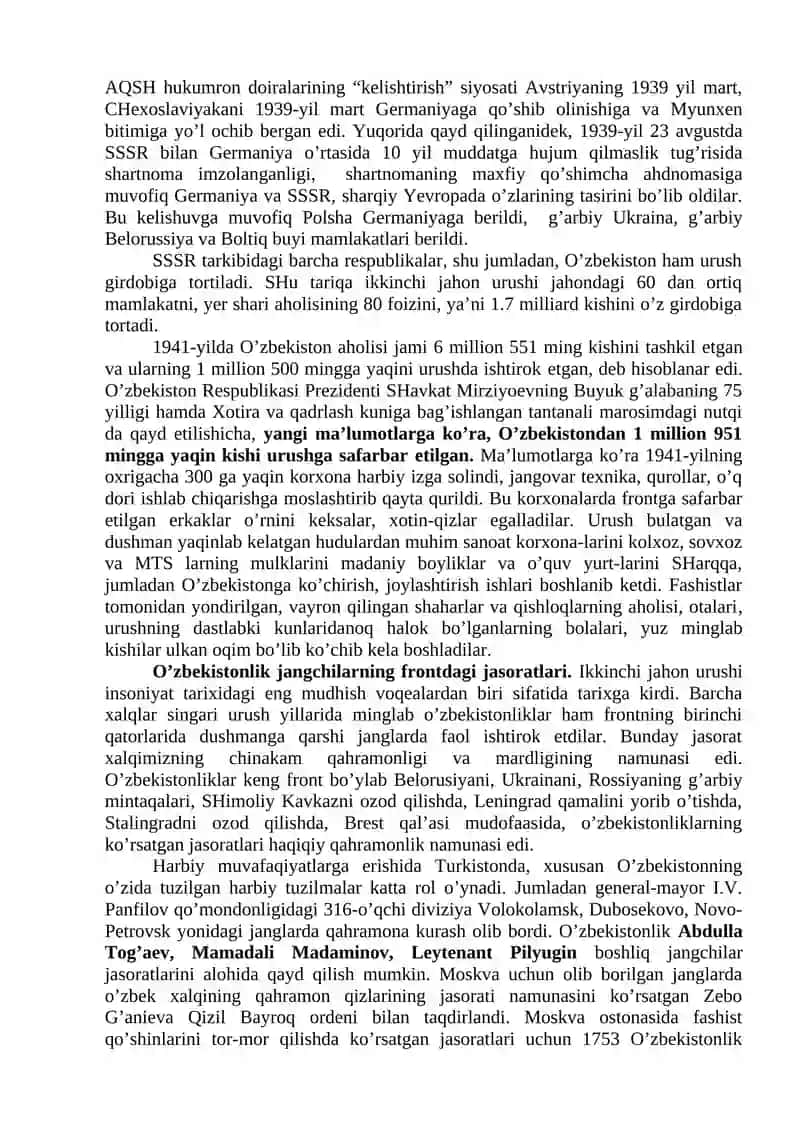 Ikkinchi jahon urushi va urushdan keyingi yillarda O’zbekiston 2