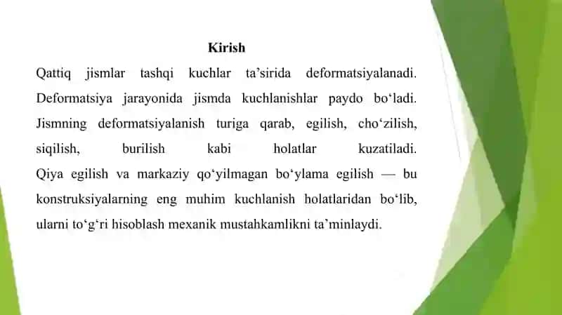 Burusni qiya (qiyshiq) egilishga va markaziy qo‘yilmagan bo‘ylama egilishiga hisoblash 2