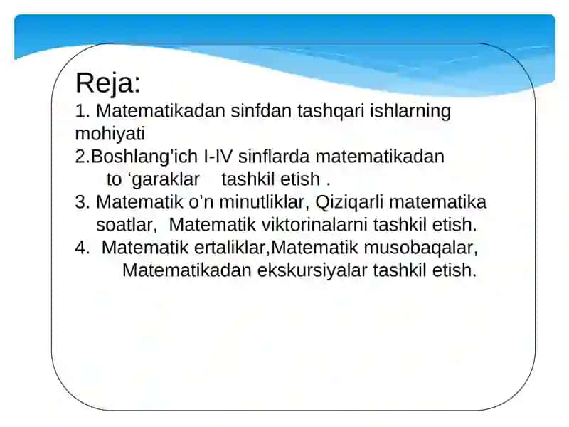 Boshlang‘ich I-IV sinflarda matemetikadan sinfdan tashqari to‘graklarni tashkil etish metodikasi 2